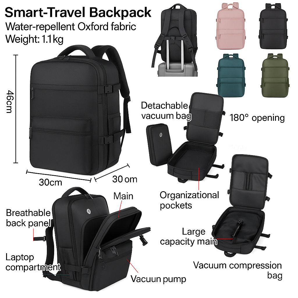 Smart Travel Backpack – Compact, with Free Vacuum Pump