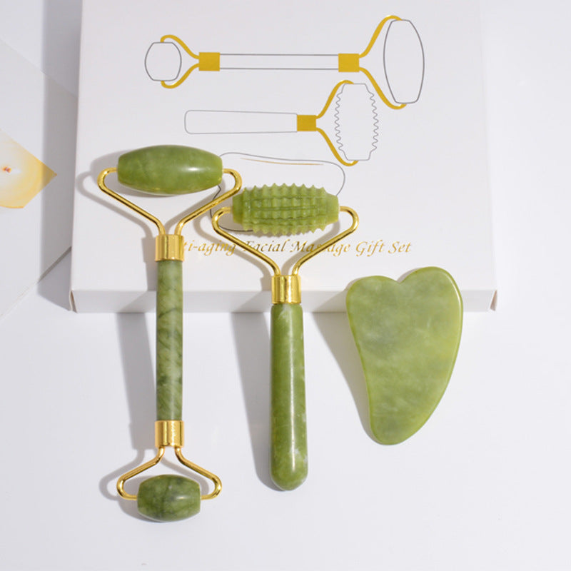 New Green Phoenix Jade Zinc Alloy Three-piece Set Beauty Container Arc Jade Roller Heart-shaped Scraping Plate Jade Thorn Face Slimming