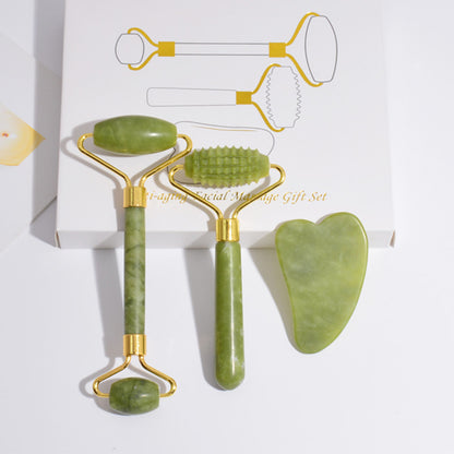 New Green Phoenix Jade Zinc Alloy Three-piece Set Beauty Container Arc Jade Roller Heart-shaped Scraping Plate Jade Thorn Face Slimming