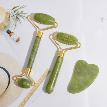 New Green Phoenix Jade Zinc Alloy Three-piece Set Beauty Container Arc Jade Roller Heart-shaped Scraping Plate Jade Thorn Face Slimming