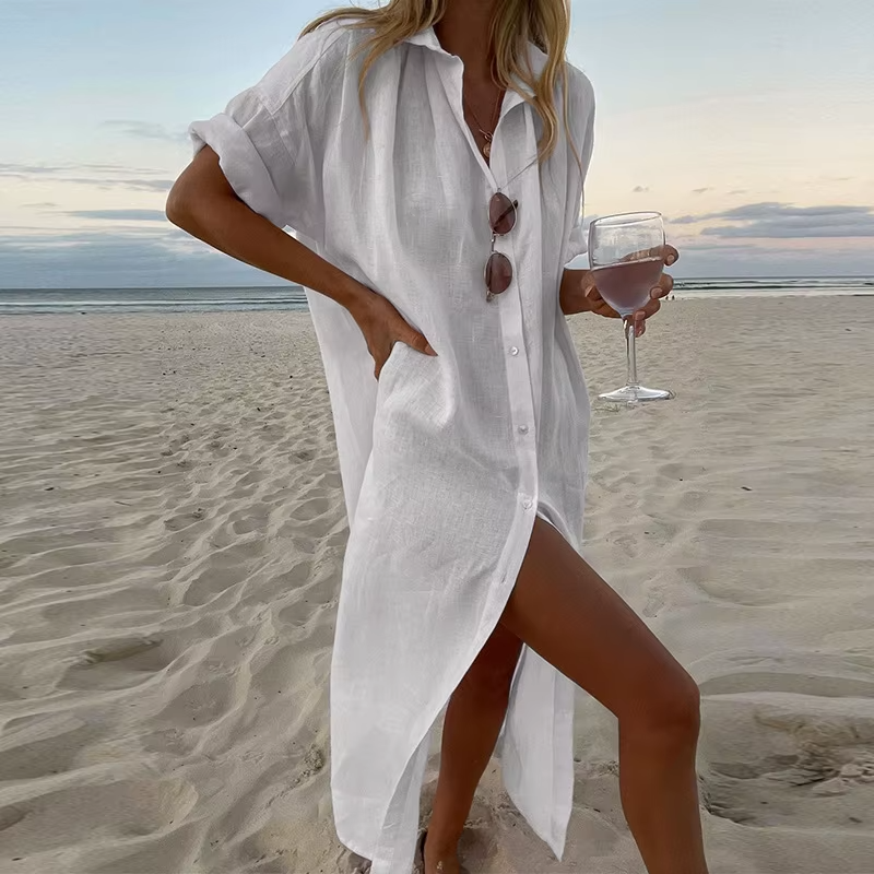 Beach Shirt Dress – White + FREE Beach Bag 🌴
